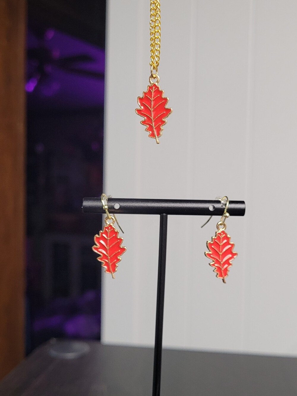 Hand Crafted Red and Gold Leaf Earrings with Matching Pendant